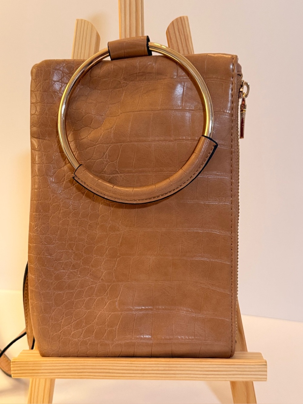 INC International Concepts Tan Croc-Embossed Ring Handle Mini Bag